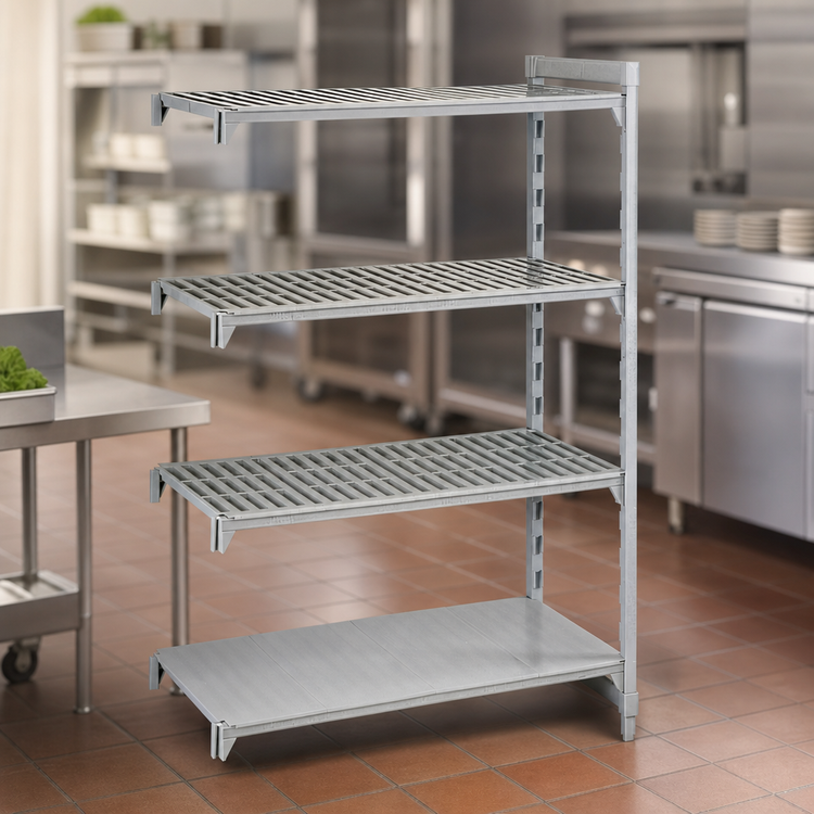 Product image #4 for Cambro Camshelving Premium Stationary Polymer Add-On Shelving Unit, 21 x 48 x 64 Inches, 4-Tier Vented and Solid, Speckled Gray