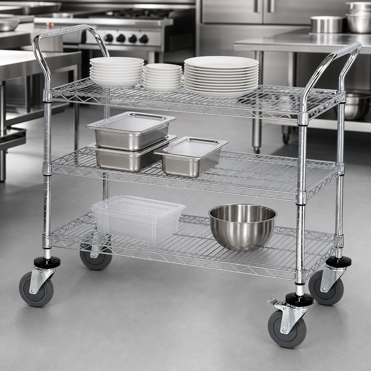 Product image #3 for Quantum Chrome-Plated 3-Shelf Wire Utility Bus Cart, 48 x 24 Inches