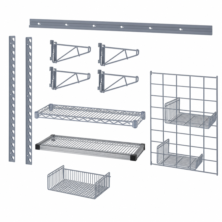 Product image #3 for Quantum Store Grid Medium-Duty Wall-Mount Starter Kit — 40-Inch Wall Track with Shelves & Grid Panel (Gray Epoxy Antimicrobial, NSF)