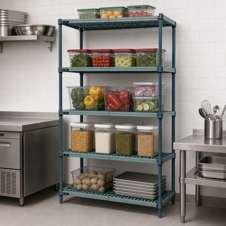Product image #3 for Quantum 5-Tier Stationary Wire Plastic Mat Shelving Unit, 30 x 14 x 86 Inches, Green Epoxy Coated