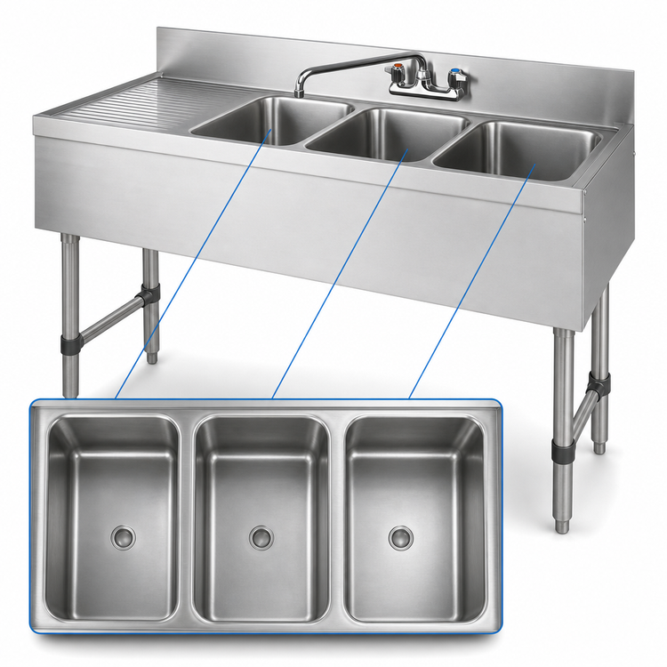 Product image #3 for Advance Tabco Special Value Series 3-Compartment Stainless Steel Bar Sink with Left Drainboard and Splash-Mount Faucet, 48 x 18 Inches