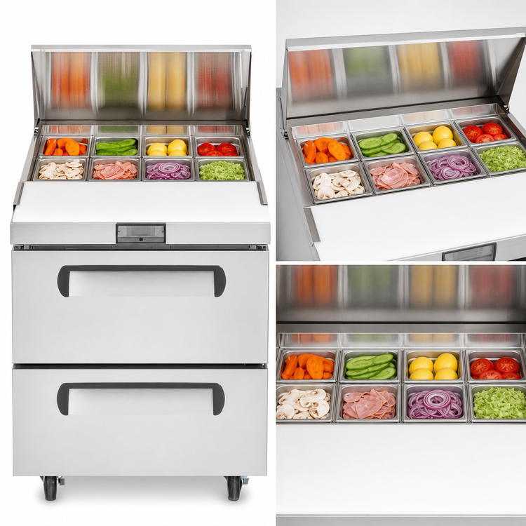 Product image #4 for Migali 27 1/2 Inch Stainless Steel Refrigerated Sandwich Prep Table with 2 Drawers and 8-Pan Top