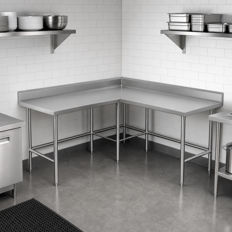 Product image #3 for Advance Tabco KTMS-305 L-Shaped Stainless Steel Corner Work Table, 60 x 60 Inches, 30-Inch Working Depth, 14-Gauge 304 Top, 5-Inch Backsplash