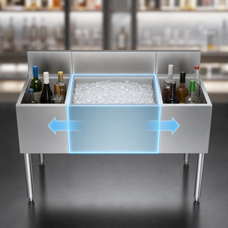 Product image #3 for Krowne Royal Series 48-Inch Underbar Center Combination Ice Bin with Dual Bottle Wells, 74 lb. Capacity