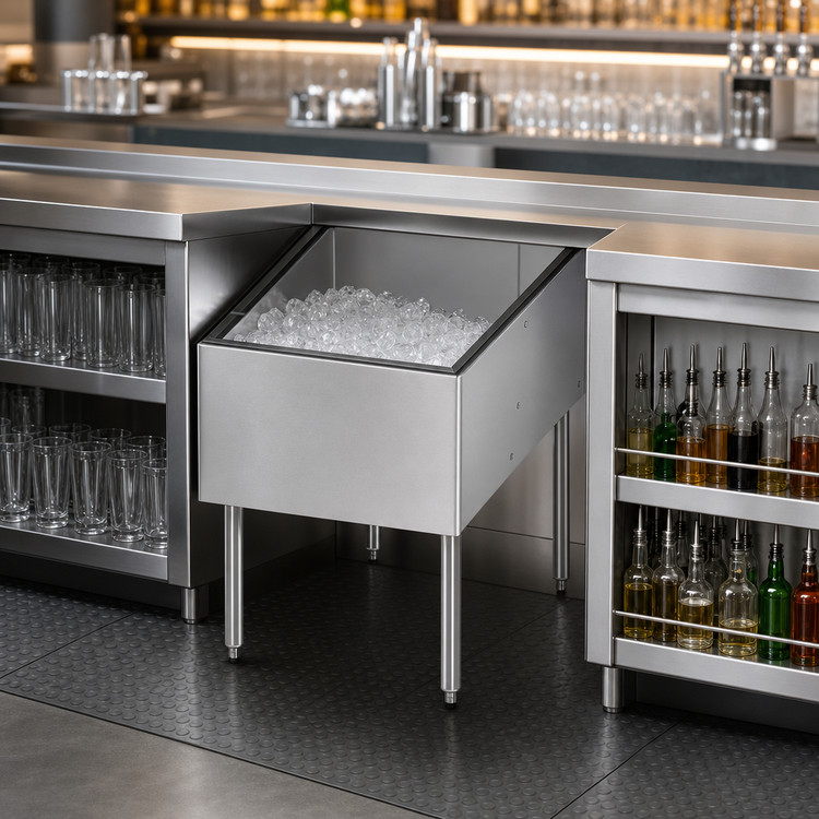 Product image #3 for CHOICE Pass-Thru Underbar Stainless Steel Ice Bin, 24 Inch W x 38 Inch D, 175 lb. Capacity