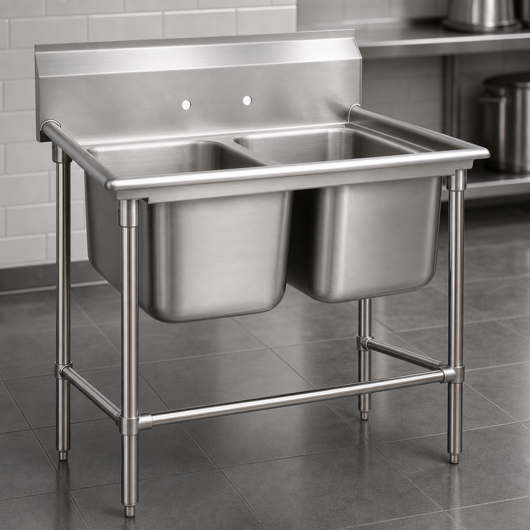 Product image #3 for Advance Tabco Regaline 2-Compartment Floor Model Sink with 20 x 20 Bowls, 14-Gauge 304 Stainless Steel, 11-Inch Splash