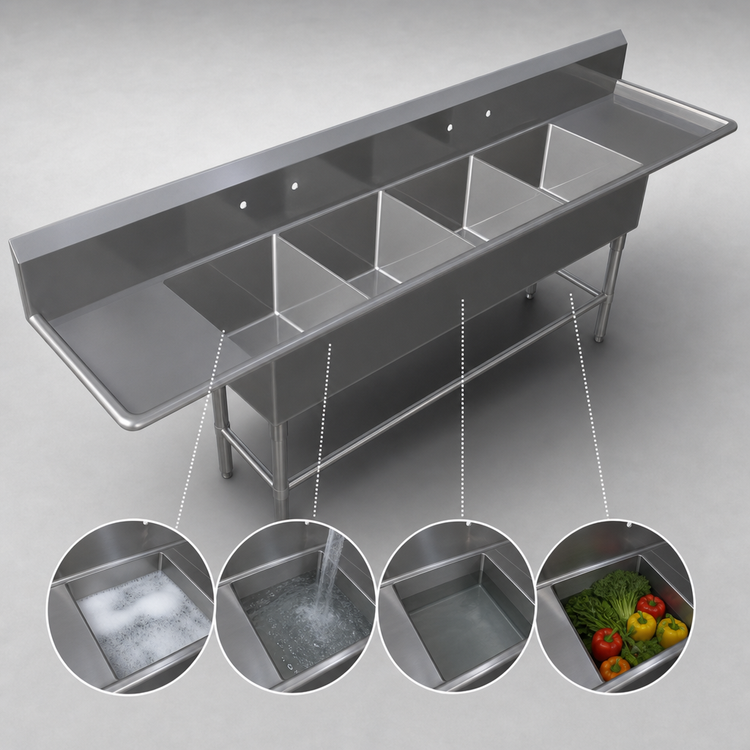 Product image #3 for John Boos Pro-Bowl 4-Compartment Stainless Steel Sink with Dual 30-Inch Drainboards, 20 x 20 x 14 Inch Bowls