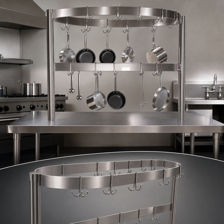 Product image #3 for John Boos Boat-Shaped Table-Mounted Stainless Steel Pot Rack for 144-Inch Tables with 36 Double Hooks