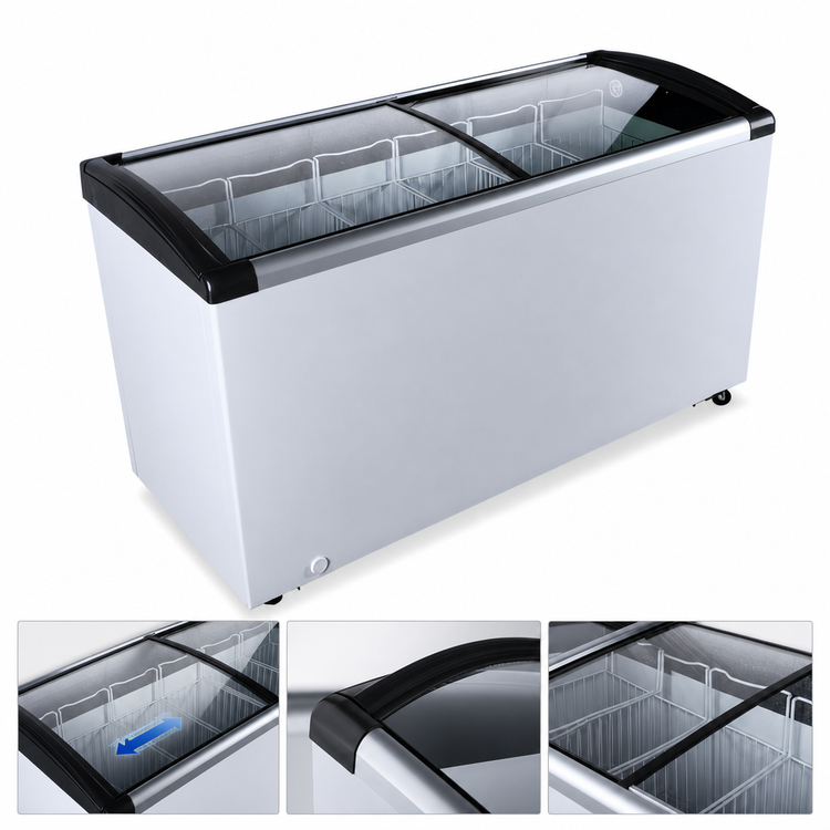 Product image #4 for Omcan USA 9.3 Cu. Ft. Freestanding Ice Cream Display Chest Freezer with 2 Curved Sliding Glass Doors