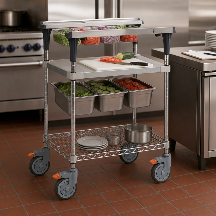 Product image #3 for Metro PrepMate MultiStation Mobile Prep Cart with 18 x 30 Solid Galvanized Shelf and Brite Zinc Wire Shelf