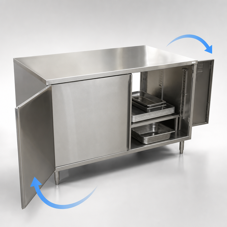 Product image #3 for BK Resources Dual-Access Stainless Steel Cabinet Base Chef Table with Hinged Doors, 48 x 24 x 34-3/4 Inch