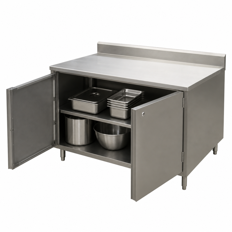 Product image #3 for BK Resources Stainless Steel Enclosed Work Table with Cabinet Base, Hinged Doors and Lock, 48 x 24 Inches