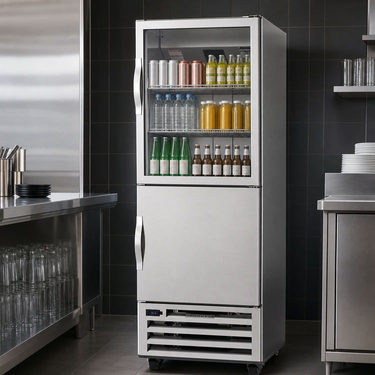 Product image #3 for Beverage-Air RI18HC-HGS One-Section Reach-In Refrigerator with Glass/Solid Half Doors, 16.85 Cu. Ft., Bottom-Mounted Self-Contained Refrigeration