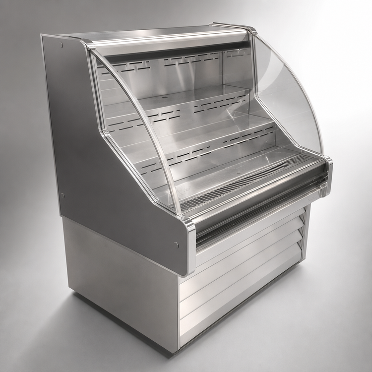 Product image #3 for Howard-McCray 35E Series Impulse Curved Glass Remote Open Merchandiser, 63"W x 44"H, Stainless Steel, LED