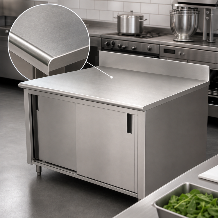 Product image #3 for Advance Tabco Enclosed Work Table with Cabinet Base and Sliding Doors, 144 x 30 Inches, 14-Gauge 304 Stainless Steel Top, 5-Inch Backsplash