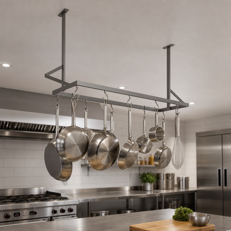 Product image #3 for John Boos Ceiling-Mounted Double-Bar Stainless Steel Pot Rack with 12 Double Hooks