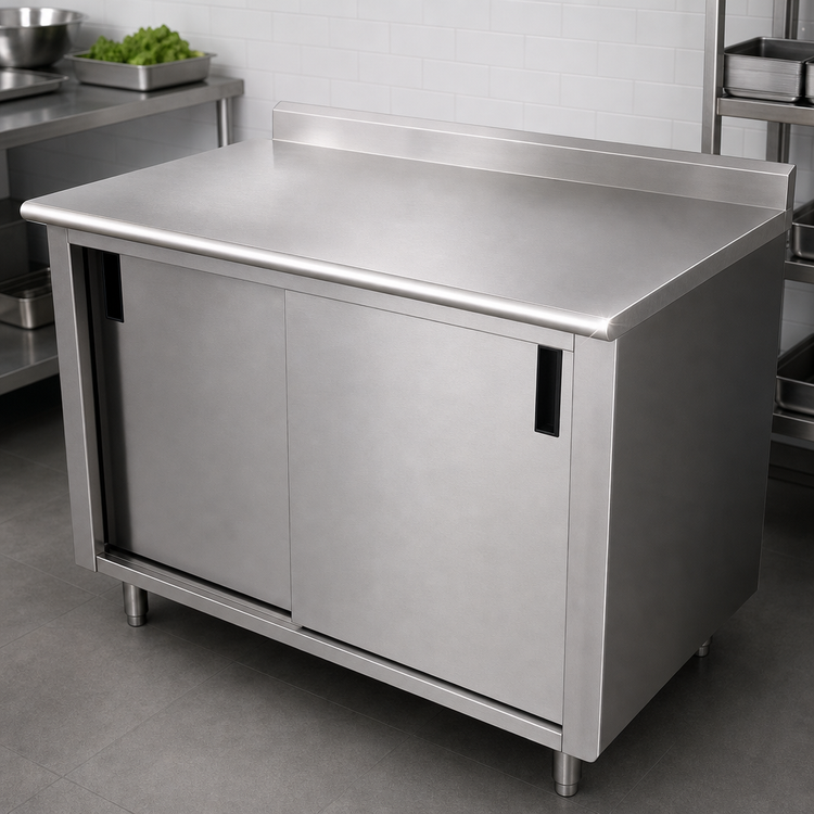 Product image #3 for Advance Tabco CF-SS-244M 48 Inch x 24 Inch Stainless Steel Enclosed Work Table with Cabinet Base, Sliding Doors and Mid-Shelf
