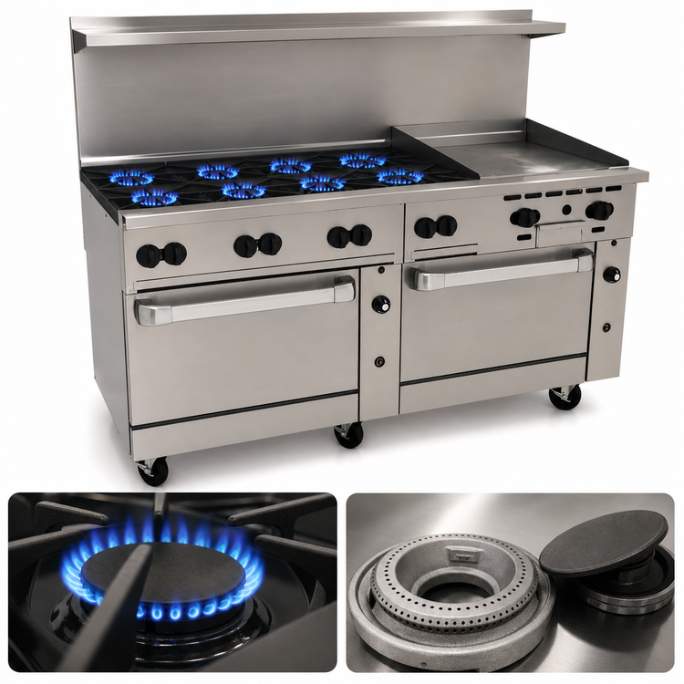 Product image #3 for Vulcan Endurance 72-Inch Gas Restaurant Range with 8 Open Burners, 24-Inch Griddle, and Dual Convection Ovens