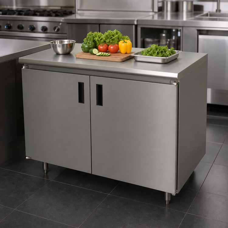 Product image #3 for Advance Tabco Special Value Economy Enclosed Work Table, 72 x 30 Inches, Cabinet Base with Hinged Doors and Mid-Shelf, 16 Gauge 304 Stainless Steel Top