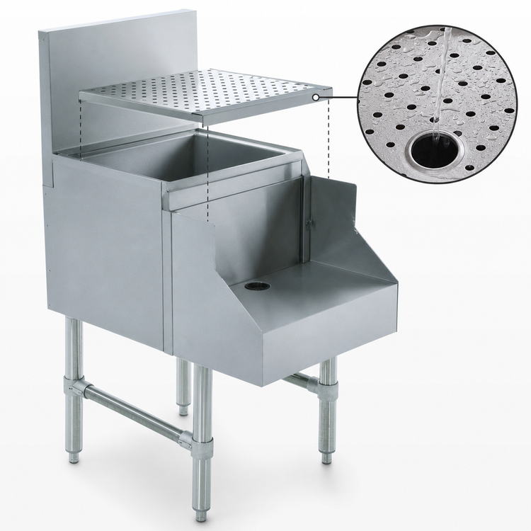 Product image #3 for Advance Tabco Prestige 12-Inch Stainless Steel Blender Station with Drainboard Top, Recessed Shelf, and 7-Inch Backsplash