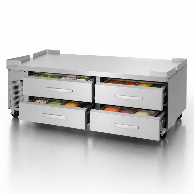 Product image #3 for Turbo Air PRO Series 96-1/8 Inch Two-Section Refrigerated Chef Base with 4 Drawers and Stainless Steel Flat Top