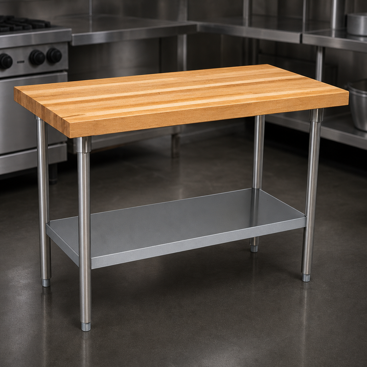 Product image #3 for John Boos 36 Inch x 24 Inch Wood Top Work Table with 1-3/4 Inch Edge Grain Northern Hard Rock Maple Top, Stainless Steel Legs, and Adjustable Undershelf