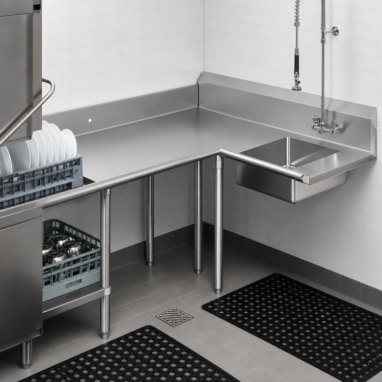 Product image #3 for John Boos Pro-Bowl L-Shaped Corner Soiled Dishtable with 10-Inch Landing Shelf, Pre-Rinse Sink Bowl, Left-to-Right Operation