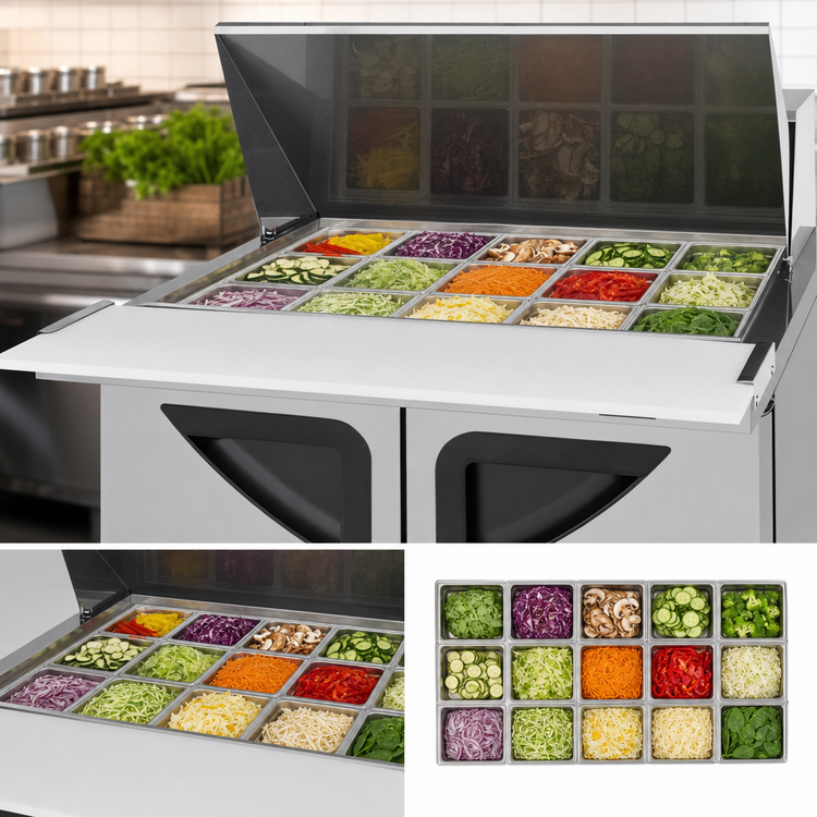 Product image #3 for Turbo Air Super Deluxe 36-1/4 Inch Two-Section Sandwich/Salad Mega Top Prep Table, 15-Pan, 8.8 Cu. Ft.