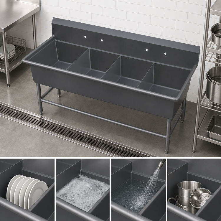 Product image #3 for John Boos Pro-Bowl 4-Compartment Stainless Steel Floor Model Sink with 24 x 24 x 12 Inch Compartments and 10 Inch Backsplash
