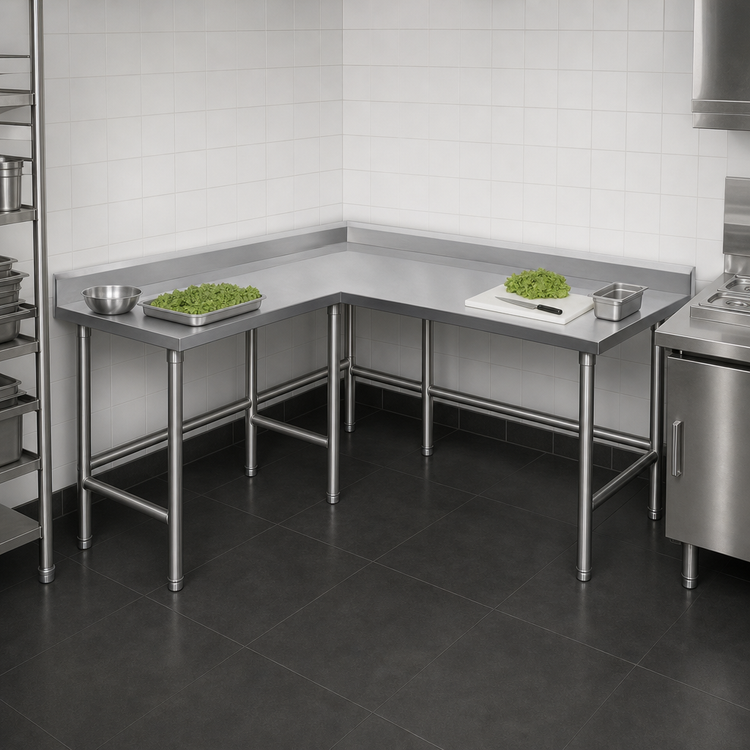 Product image #3 for Advance Tabco L-Shaped Stainless Steel Corner Work Table, 120 x 60 Inches, 30-Inch Working Depth, 5-Inch Backsplash