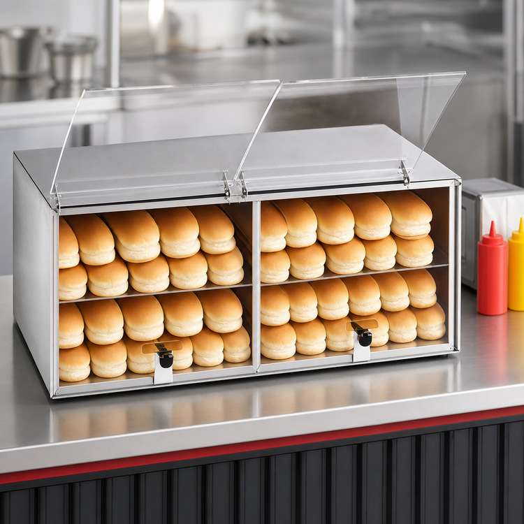 Product image #3 for APW Wyott BC-20 Countertop Hot Dog Bun Cabinet, 50-Bun Capacity, Lift-Up Plexiglass Doors