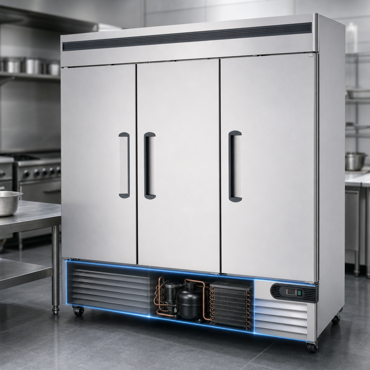 Product image #3 for Migali Competitor Series 3-Section Reach-In Freezer with Bottom-Mount Self-Contained Refrigeration and Solid Hinged Doors