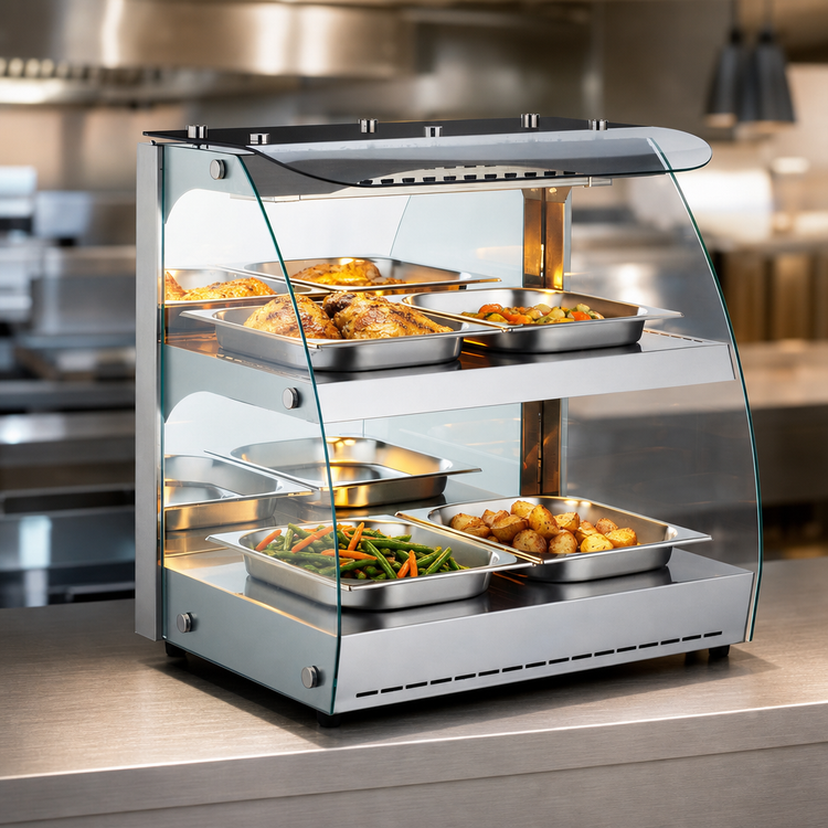 Product image #3 for Omcan Countertop Full-Service Heated Display Case with Curved Glass, 3.53 cu. ft., 110V