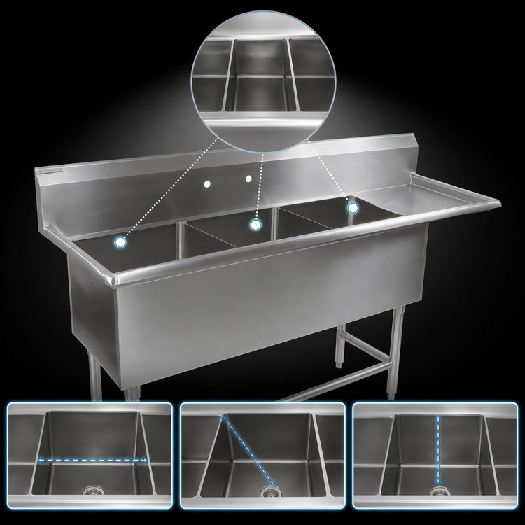 Product image #3 for John Boos Pro-Bowl 3-Compartment Sink with 18-Inch Right Drainboard, 16 x 20 x 14 Inch Bowls