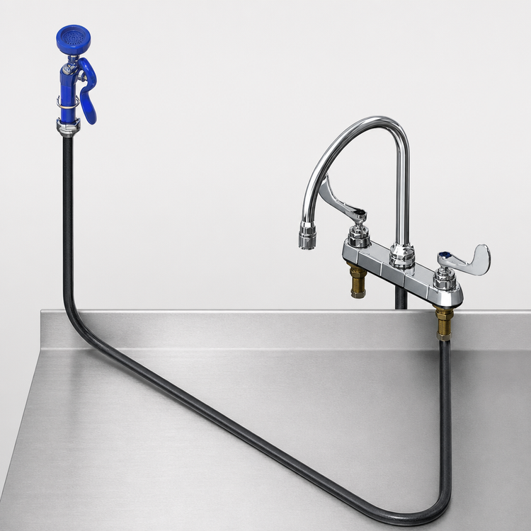 Product image #3 for T&S Brass 8-Inch Center Deck-Mount Workboard Mixing Faucet with Swivel Gooseneck and Blue Spray Valve