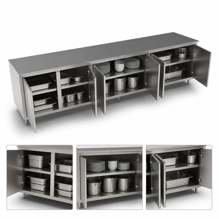 Product image #3 for John Boos Enclosed Stainless Steel Work Table with Cabinet Base, 3 Hinged Door Sets, 144 x 30 Inches