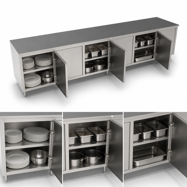 Product image #3 for John Boos Enclosed Stainless Steel Work Table with Cabinet Base, Safety Edge, 144" x 24", 3 Hinged Door Sets