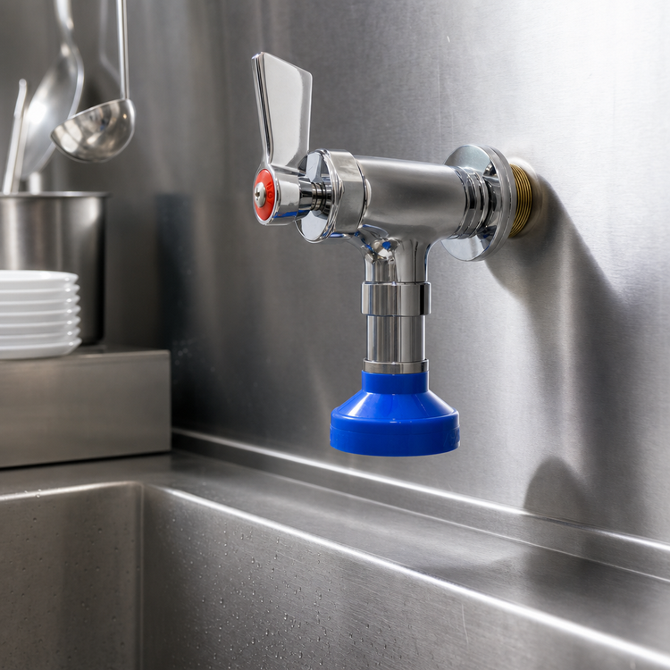 Product image #3 for Fisher Wall-Mount Single-Inlet Pre-Rinse Faucet with Cross Handle and Spray Head