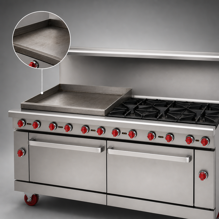 Product image #3 for American Range 72-Inch Gas Restaurant Range with 36-Inch Griddle, 6 Open Burners, Convection Oven, and Standard Oven