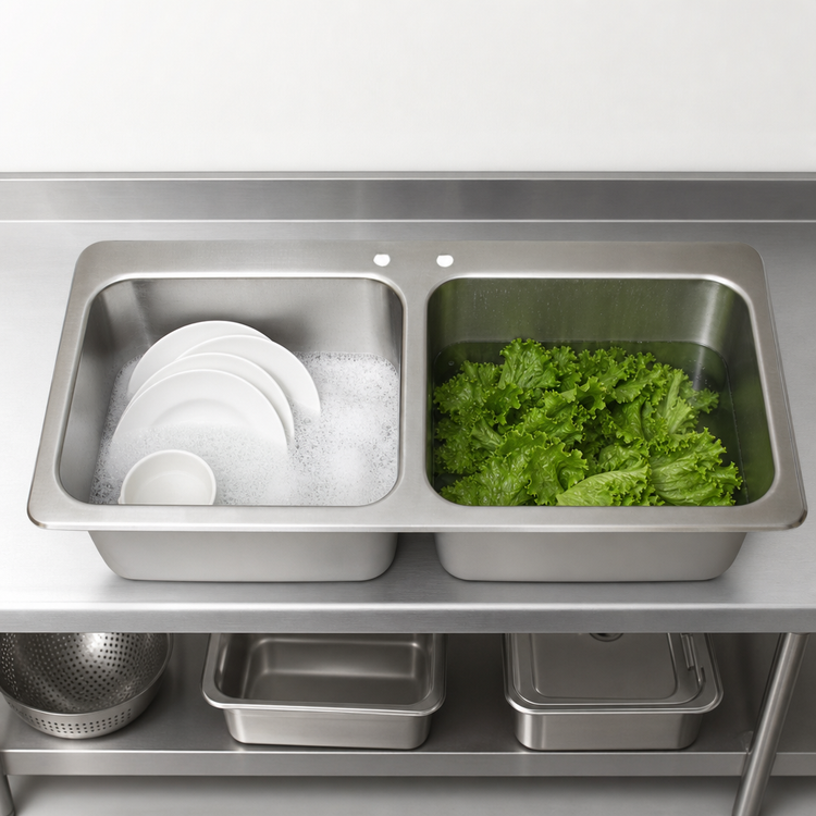 Product image #3 for BK Resources Two-Compartment Drop-In Sink with Basket Drains, 45-1/4 Inch W x 21 Inch D x 12 Inch H