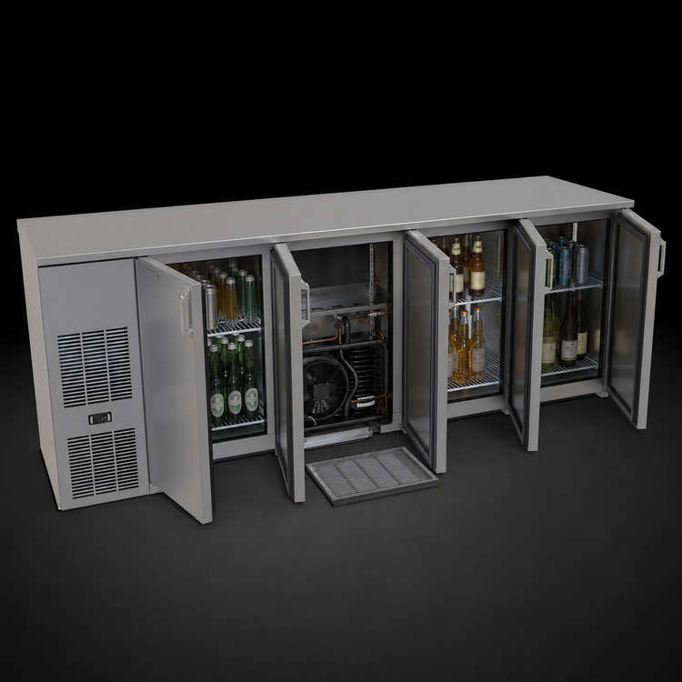 Product image #3 for Glastender C1FB92 One-Zone Front-Serviced Bar Profile Back Bar Cooler, 92 Inch, 4-Section, 16 Inch Door Openings