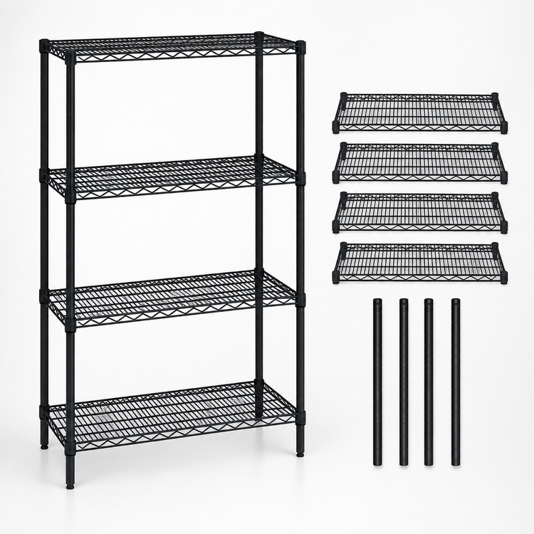 Product image #3 for Quantum Black Epoxy Antimicrobial Wire Shelving Starter Kit, 42 x 12 x 63 Inches, 4-Shelf Stationary Unit