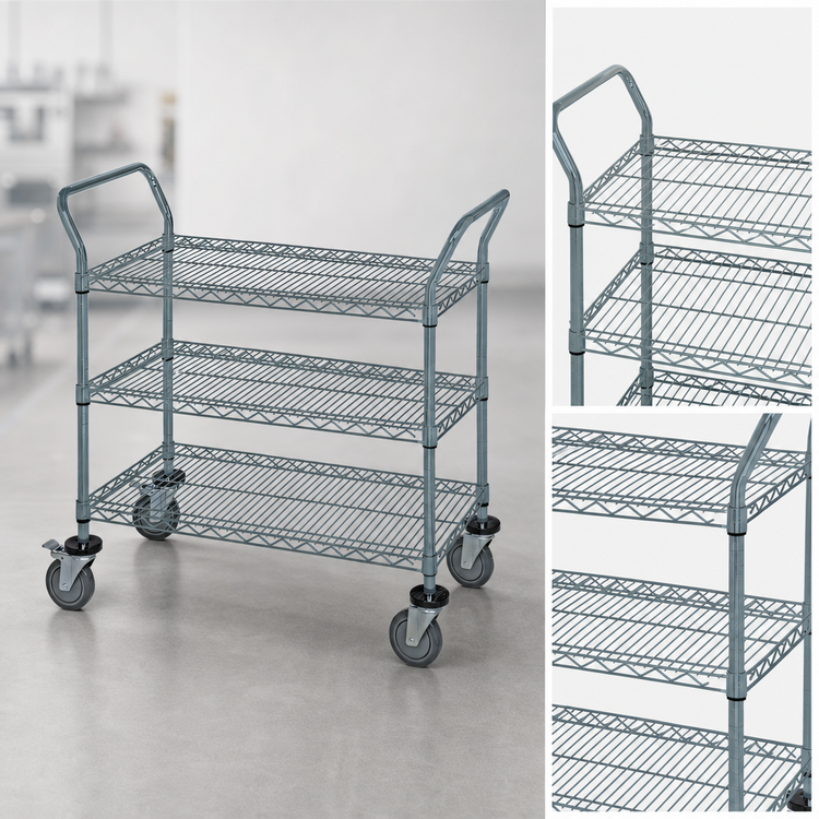 Product image #3 for Quantum WRC-2148GY-3 48-Inch Gray 3-Shelf Utility Bus Cart with U-Handles