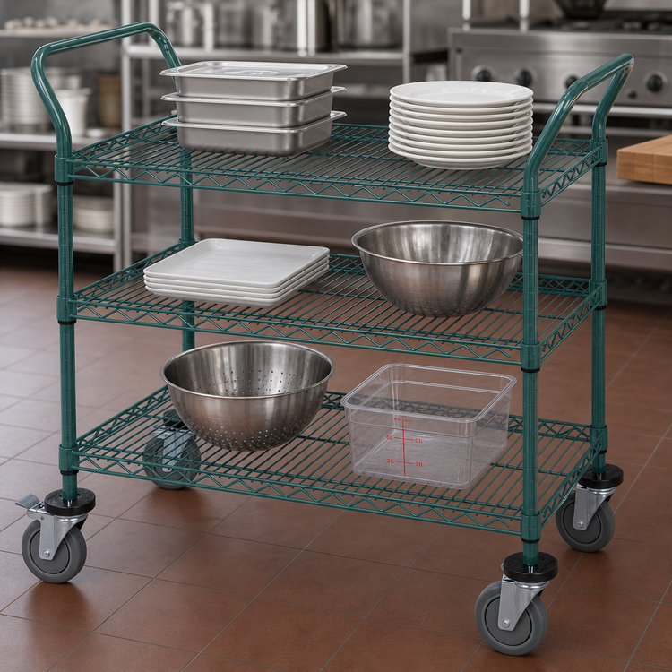 Product image #3 for Quantum 3-Shelf Wire Utility Bus Cart, 30 x 21 Inches, 1200 lb. Capacity, Green Epoxy Finish