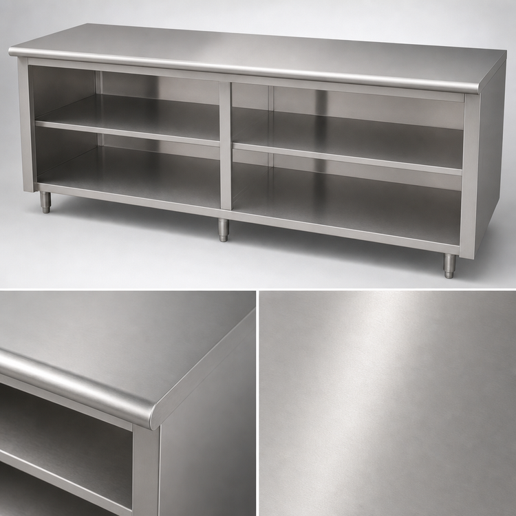 Product image #3 for 120-Inch x 36-Inch 304 Stainless Steel Work Table with Open Front Cabinet Base and Mid-Shelf