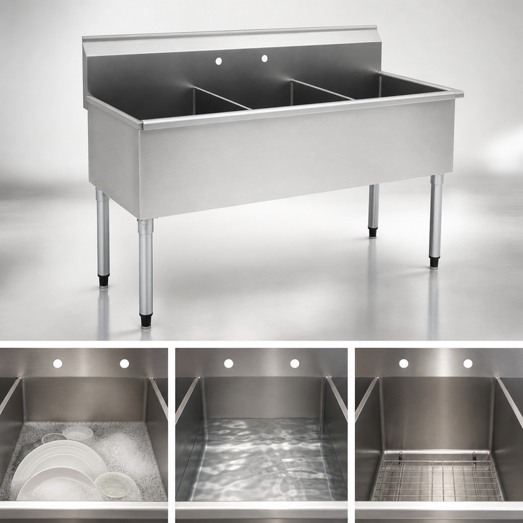 Product image #3 for Eagle Group Three-Compartment Utility Sink, 37-3/8"W x 25"D, 16-Gauge 430 Stainless Steel, No Drainboards
