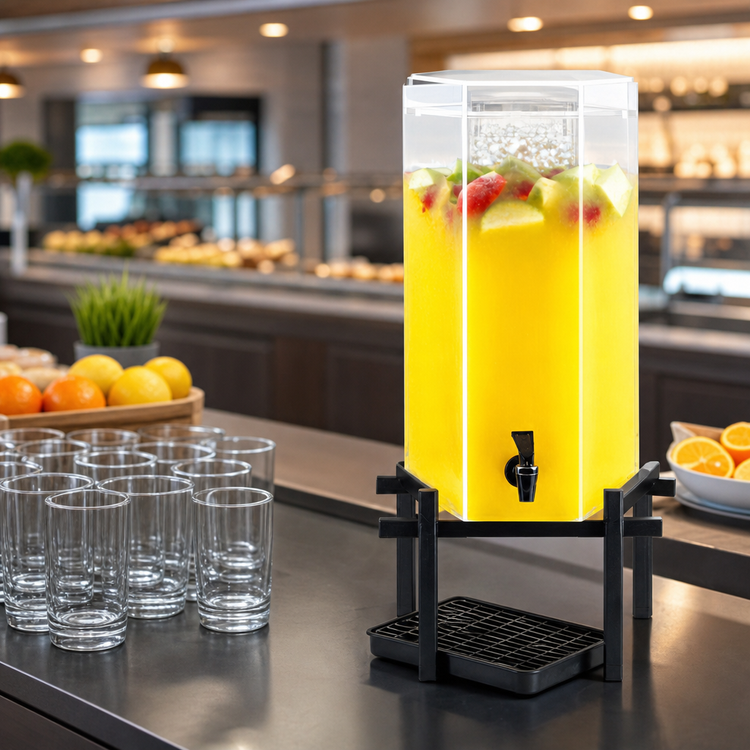 Product image #3 for One by One 5 Gallon Single Acrylic Beverage Dispenser with Ice Chamber, Drip Tray, and Black Metal Base