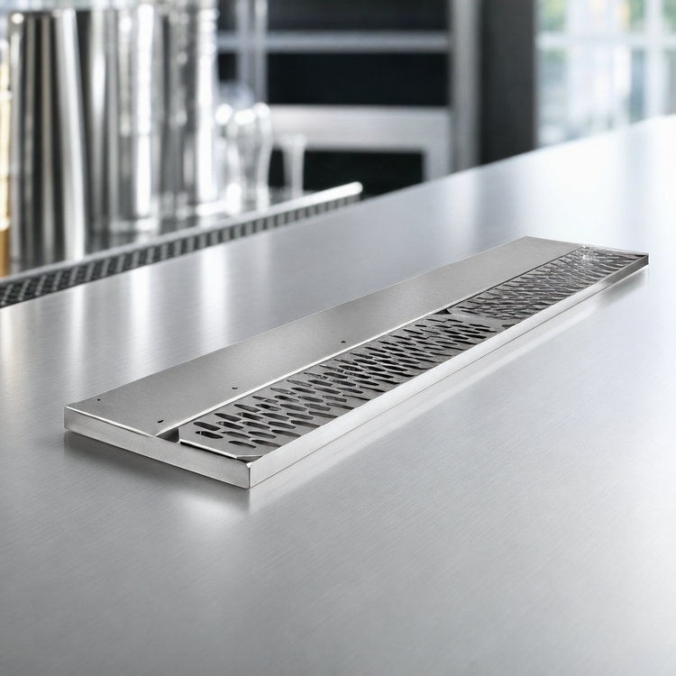Product image #3 for Glastender 18-Inch Left-Drain Stainless Steel Underbar Drink Rail with Removable Perforated Insert