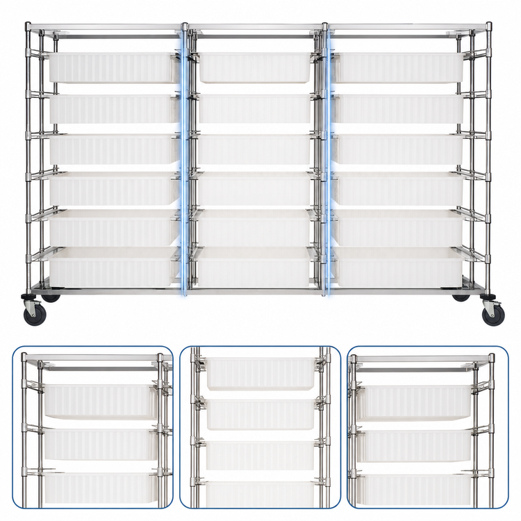 Product image #3 for Quantum Triple-Bay Mobile Bin Cart with 21 Clear Bins, Chrome Plated
