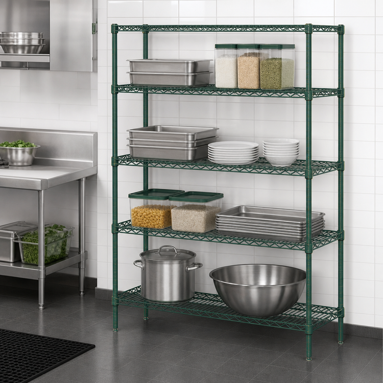 Product image #3 for Quantum 4-Shelf Stationary Wire Shelving Starter Kit, 72W x 18D x 54H, Green Epoxy Coated